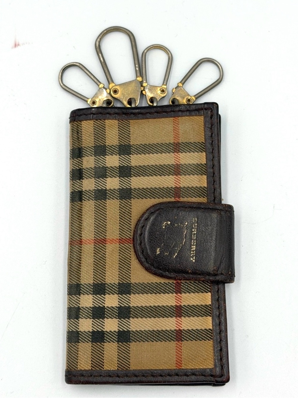 Burberry Nova Check Horse Logo Tri Fold Key Case Leather Trim Kier Corner Vtg - Picture 2 of 6